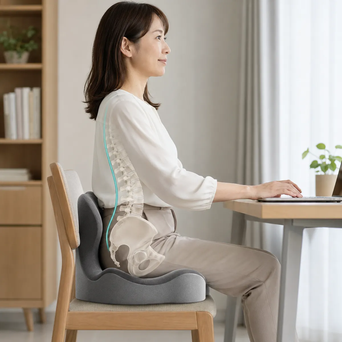 ErgoCloudに座ってパソコン作業をする女性。背骨と骨盤の位置を示すイラスト入り
