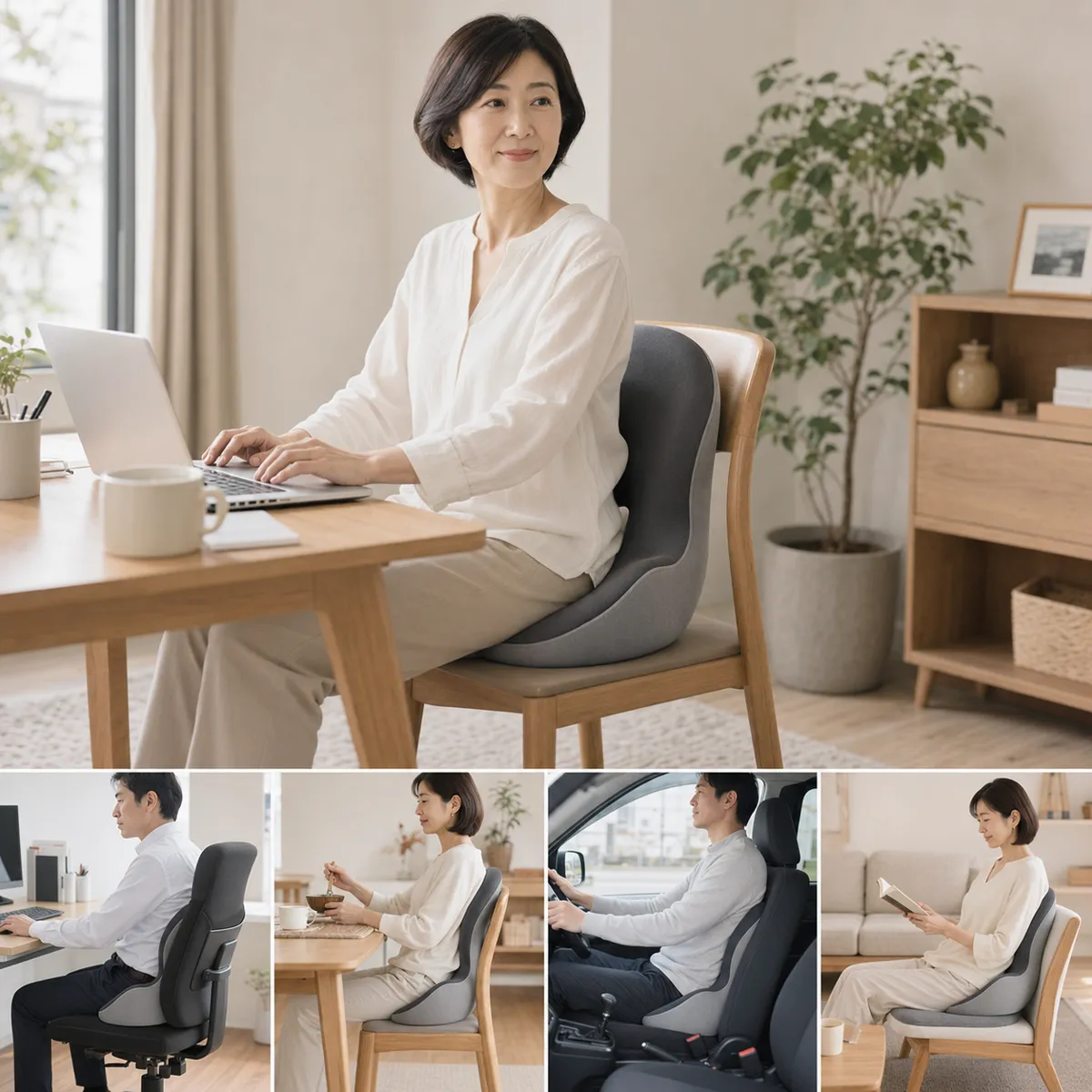 ErgoCloudをオフィスチェア、ダイニングチェア、車の座席、リビングの椅子で使う様子